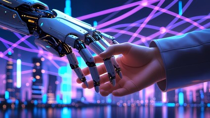 Fototapeta premium AI, Machine learning, Hands of robot and human touching on big data network connection background, Science and artificial intelligence technology, innovation and futuristic.