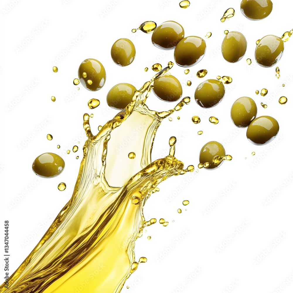 Poster fresh olive oil splash with green olives creating dynamic movement and elegance captured in high-res