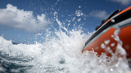 Naklejka premium close up of rescue boat powerful engine splashing through water, showcasing dynamic movement and energy of sea. vibrant orange color contrasts beautifully with blue sky and water