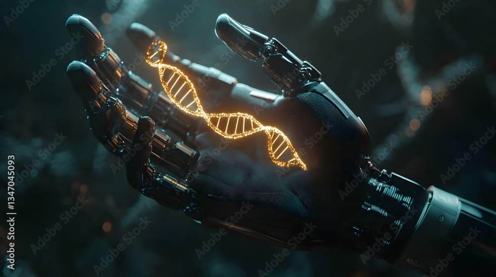 Poster futuristic robot hand holding glowing dna strand in digital setting