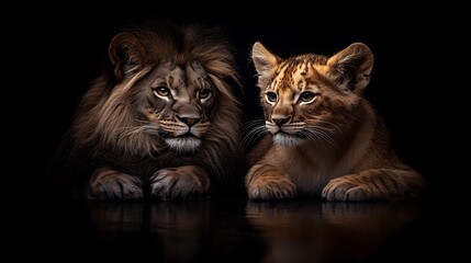 Majestic Lion and Cub in Dark Studio.