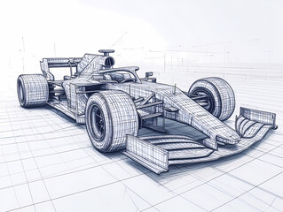 Blueprint of Speed: An architectural sketch of a Formula 1 racing car, captured in precise, detailed linework against a grid backdrop, emphasizing form and design.