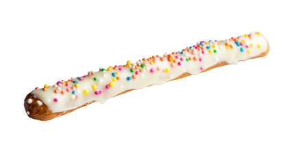 Deliciously coated pretzel stick with white icing and colorful sprinkles.