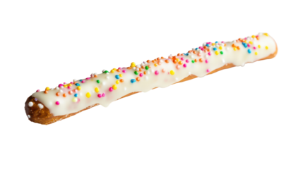 Deliciously coated pretzel stick with white icing and colorful sprinkles.