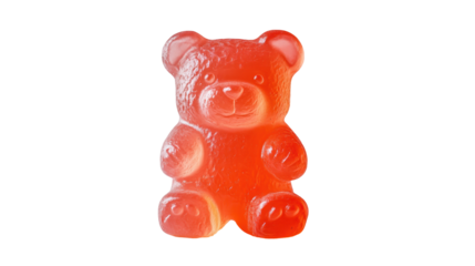 A cute red gummy bear candy against a clean, dark background.