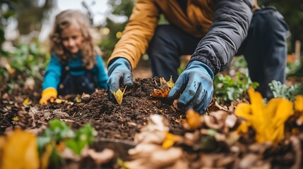 Fototapeta premium Family Gardening Planting Bulbs in Autumn