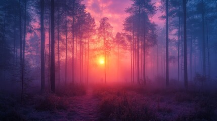 Fototapeta premium forest in dawn with a sky that is going from purple to blue