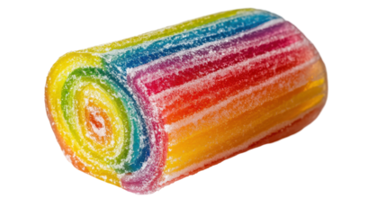 Colorful spiral gummy candy with vibrant rainbow stripes, enticing and sweet.