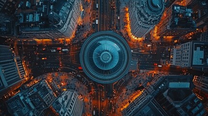 Aerial view of a city intersection at night