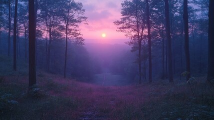Fototapeta premium forest in dawn with a sky that is going from purple to blue