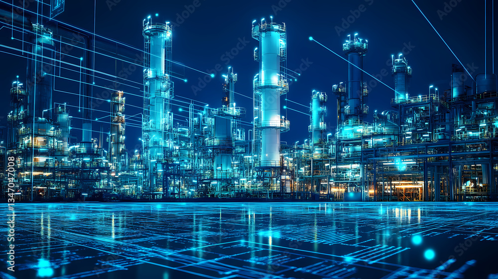 Poster cyber-industrial complex: futuristic industrial landscape bathed in a digital glow, with towering st
