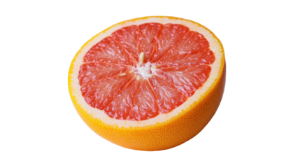 Freshly cut grapefruit, vibrant orange exterior, juicy pink interior showcasing a refreshing and healthy fruit.