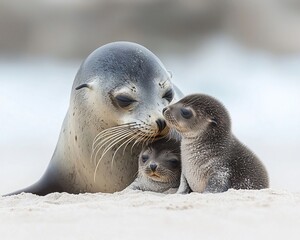 Female sea lion tenderly nuzzles her two pups on a sandy beach.