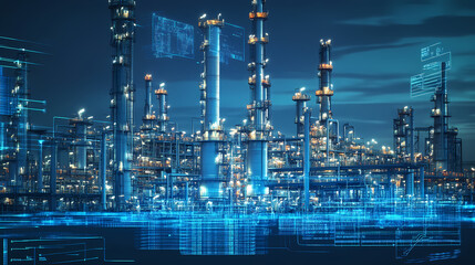 Digital Refinery: A high-tech depiction of an industrial refinery, bathed in a cool blue glow, showcases intricate systems and the seamless integration of technology and infrastructure.