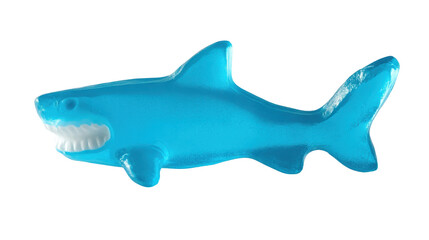 A vibrant blue gummy shark candy with a smiling expression, perfect for party treats or nostalgic snacking.