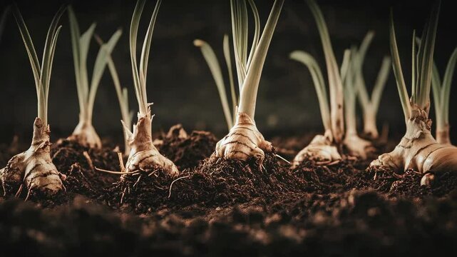Fresh onion bulbs sprouting in rich soil under low light in a garden setting