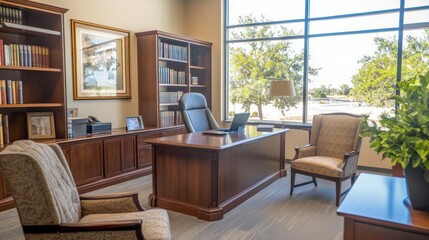 Modern office interior with large windows, overlooking a landscape.  Suitable for showcasing executive or professional workspaces.