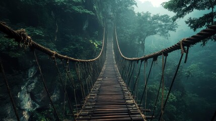 Fototapeta premium Ancient Rope Suspension Bridge Amidst a Misty Tropical Jungle, Misty jungle canopy bridge, ancient rope suspension bridge, dappled sunlight, atmospheric fog