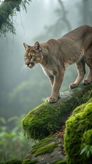 Obraz premium Mountain lion stalking prey in lush forest wildlife photography misty environment close-up perspective nature's majesty