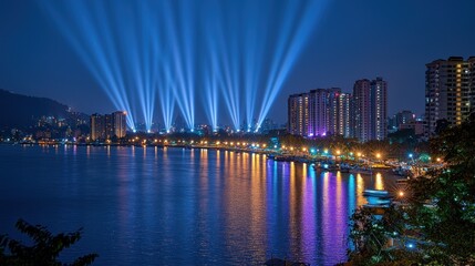 Obraz premium City lights reflected on water, illuminated by beams