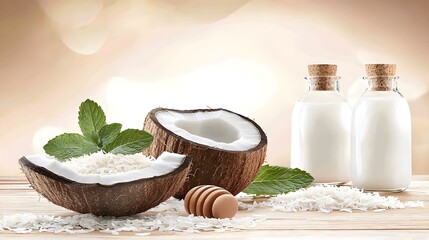 Fresh Coconut Halves with Coconut Milk and Honey on a Wooden Surface in Natural Light