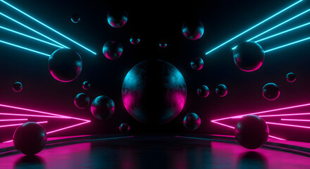 Futuristic neon-lit abstract scene with floating metallic spheres and glowing pink and blue laser lights in a dark space