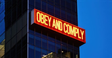 Neon obey and comply sign glowing in deep orange on corporate skyscraper deep navy and bright silver symbolizing authoritarian rule