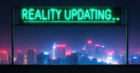 Neon reality updating sign flickering in glitchy green over city skyline deep navy and muted silver symbolizing simulated existence