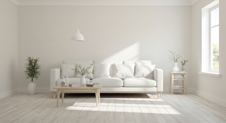 白い部屋 穏やか光差し込む シンプルソファ