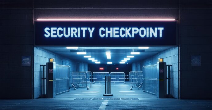 Neon security checkpoint sign glowing above heavily guarded entrance deep navy and bright silver symbolizing restricted movement