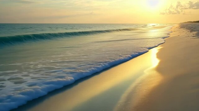 Enjoying a serene sunset on a calm beach with gentle waves lapping at the shore in a tranquil coastal setting
