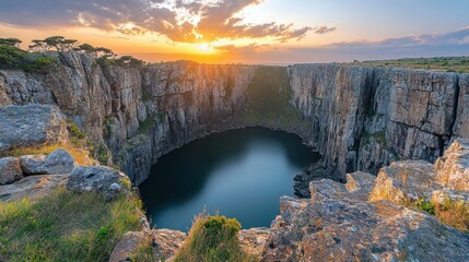 Dramatic sunset over a crater lake