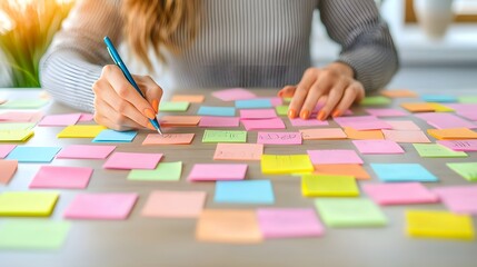 Fototapeta premium Hands Writing on Colorful Sticky Notes for Planning and Brainstorming in Modern Workspace