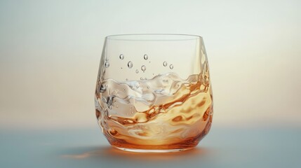 Amber glass tumbler, liquid splash, soft light background, studio shot