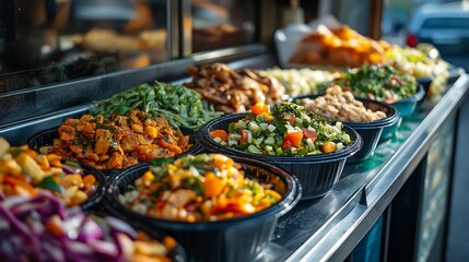Obraz premium Delicious Street Food Colorful Salads Meats