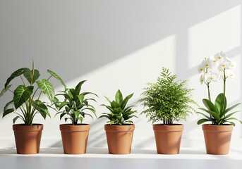 Fototapeta premium 穏やかな光差し込む、緑豊かな鉢植え５種 美しい配置