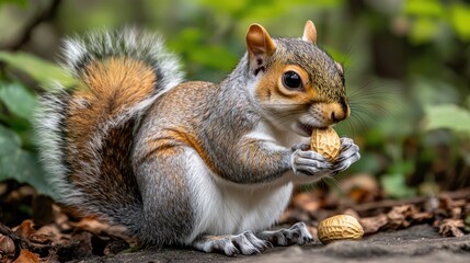 Obraz premium Squirrel eating peanut, forest floor, autumn leaves