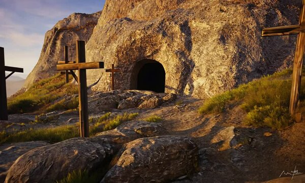 The Glory of Easter &ndash; The Empty Cave and Crosses at Dawn
