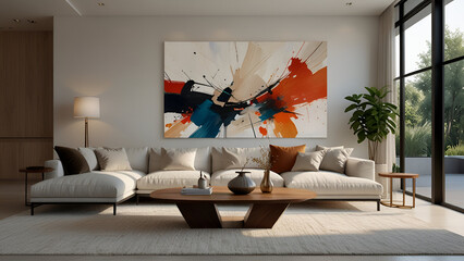 Contemporary living room featuring abstract artwork with vibrant colors stylish furniture and large windows overlooking greenery