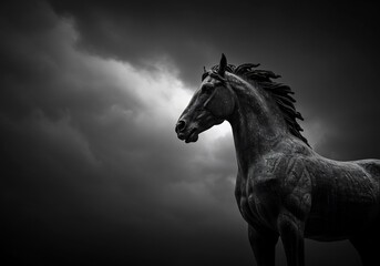 Naklejka premium 黒馬、暗雲を背景に力強く立つ モノクロ写真