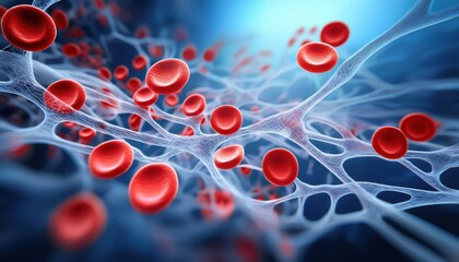 Microscopic view of red blood cells flowing through a network of transparent blood vessels in a blue background