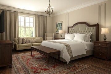 A spacious bedroom with many furnishings and elegant decor