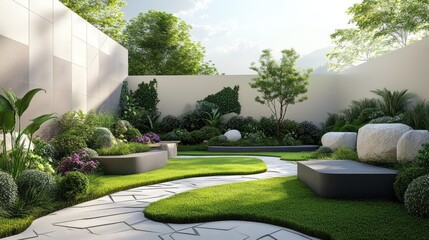 Modern landscaped courtyard with seating and pathway