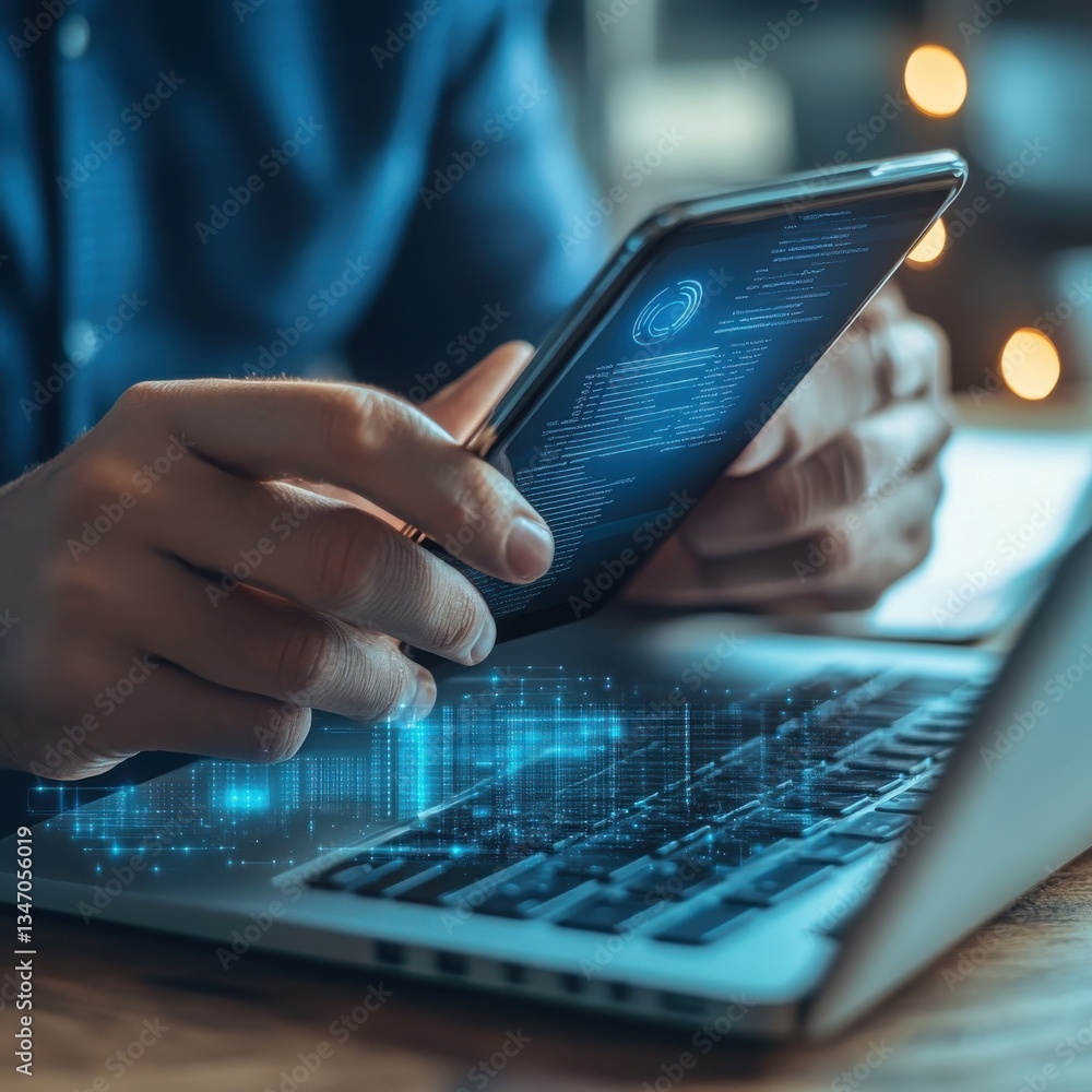 Poster person using smartphone and laptop with digital data visualization technology
