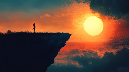 Woman contemplating dramatic sunset on a cliff