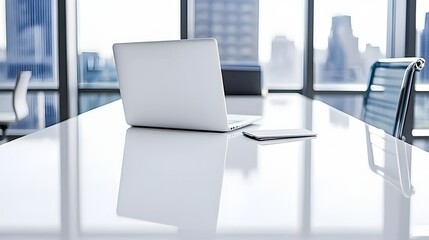 Modern Office Workspace Featuring a Laptop and Sleek Glass Table in a City Environment