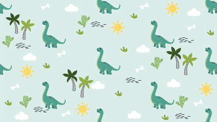 Dinosaurs seamless pattern background. Cute Dinosaurs illustration pattern. Cartoon Dinosaurs background. Perfect for fashion clothes, shirt, fabrics, textiles, wallpaper, decor, print, packaging.