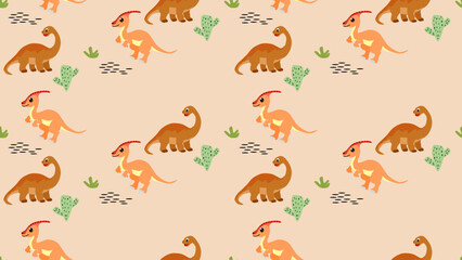 Dinosaurs seamless pattern background. Cute Dinosaurs illustration pattern. Cartoon Dinosaurs background. Perfect for fashion clothes, shirt, fabrics, textiles, wallpaper, decor, print, packaging.