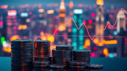 Stack of golden coins with a glowing light in a modern city background.