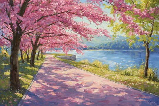 Cherry blossom trees overhanging a pedestrian road - Powered by Adobe